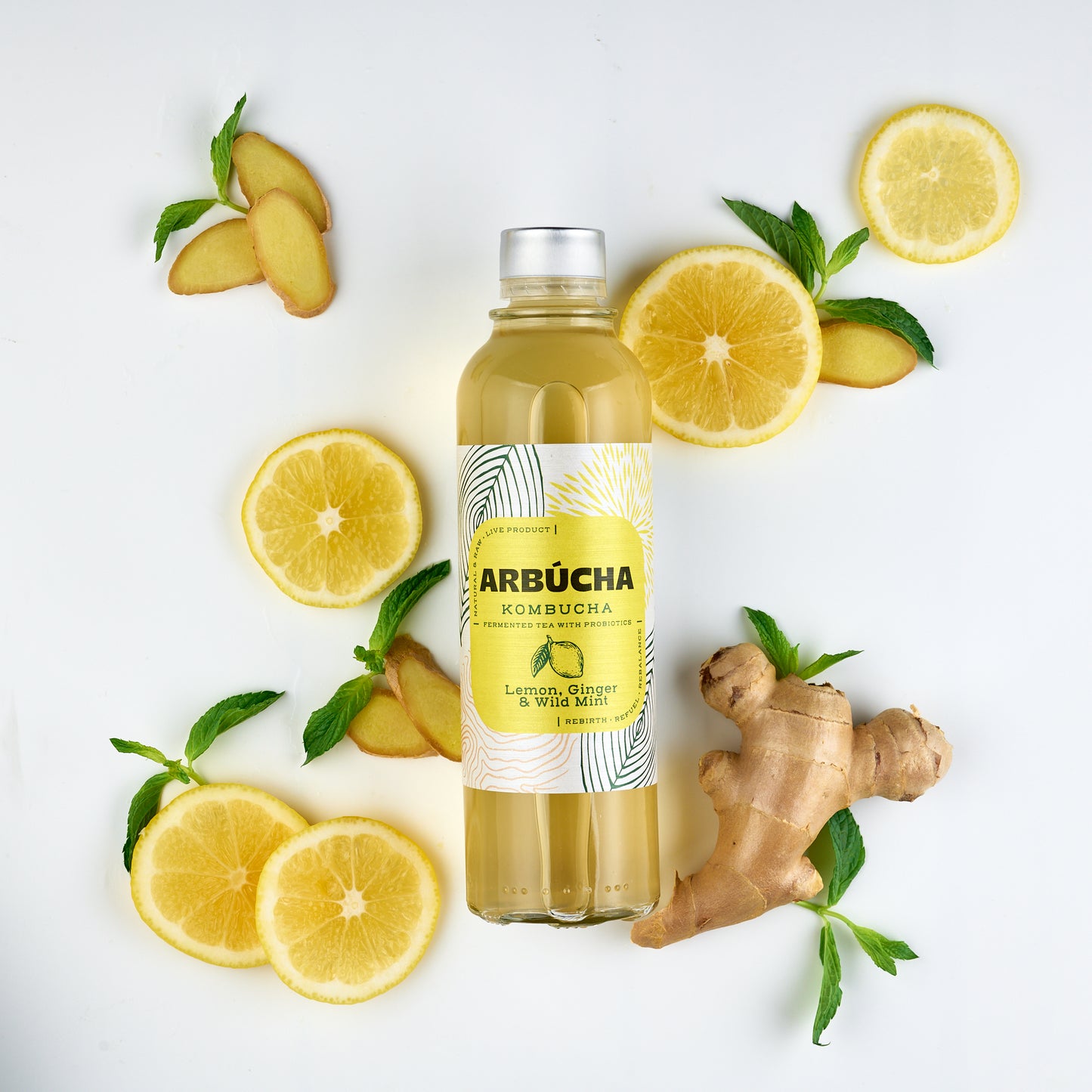Arbucha Lemon, Ginger & Wild Mint Kombucha Glass bottle 330ml